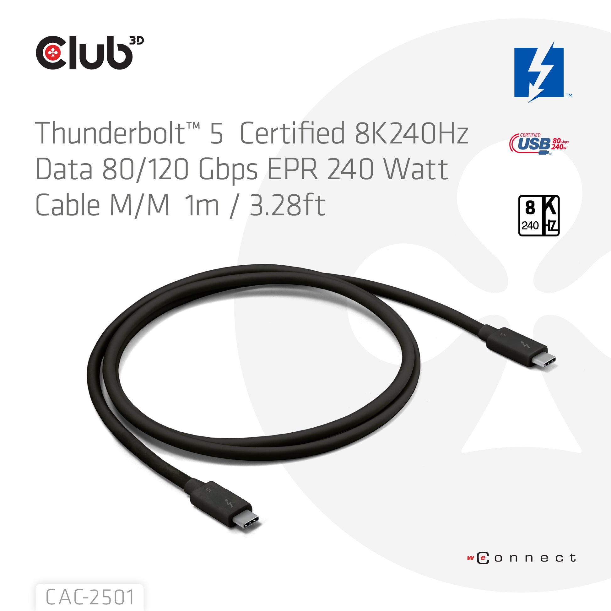 CLUB3D USB-C-zu-USB-C Anschlusskabel – 1 m, Thunderbolt 5, 120 Gbit/s, 240 W, Schwarz