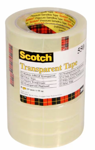 Scotch 550 Klebefilm klar – 19 mm × 66 m, transparent, PP, 8 Rollen