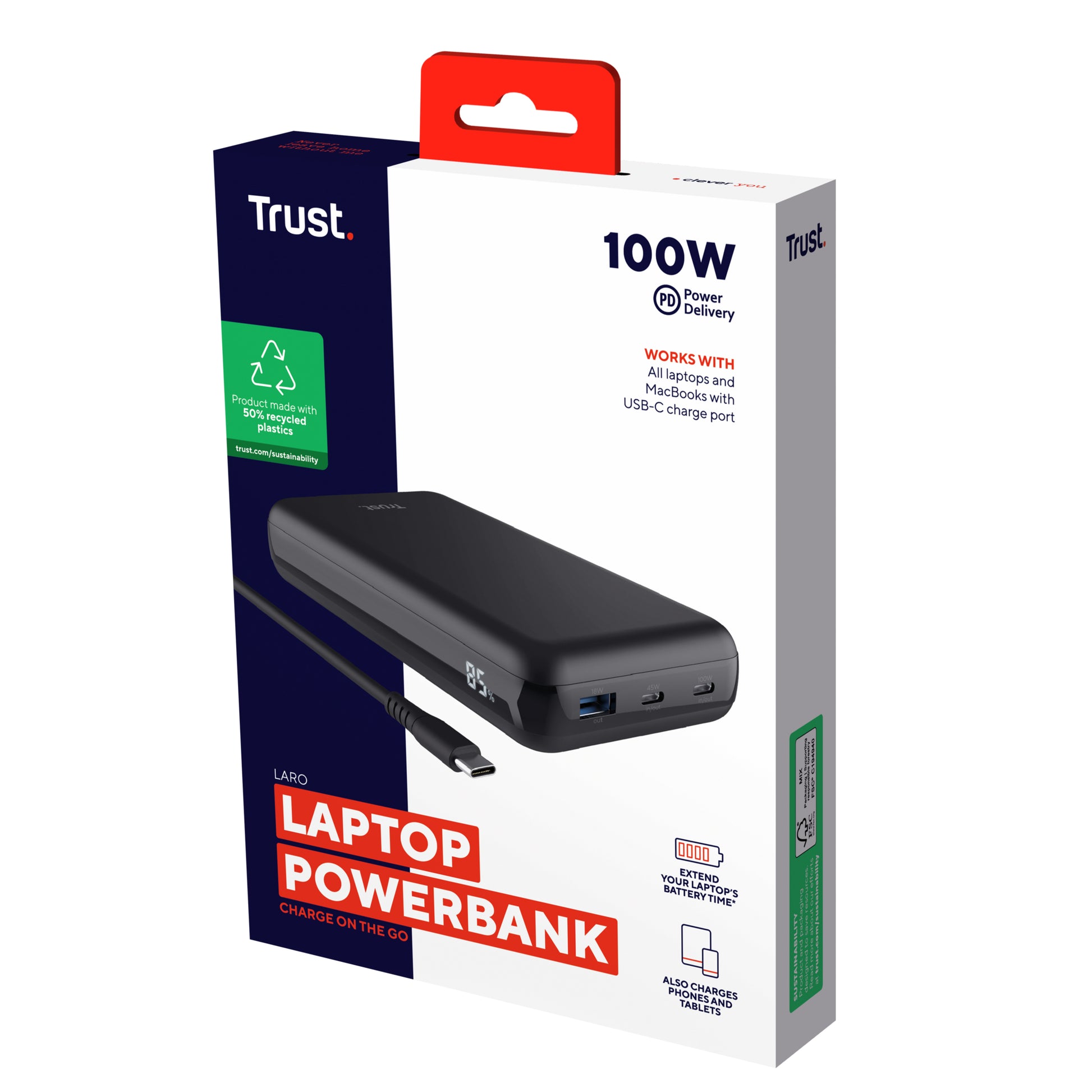 Trust Powerbank 10000 mAh, PD 100 W, 2× USB-C, 1× USB-A, Schwarz