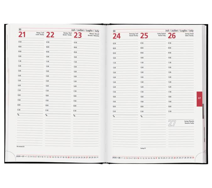 Biella Registra 7 Geschäftsagenda – 1 Woche/2 Seiten, gebunden, 17,2 × 24,0 cm, 2026, schwarz, FSC