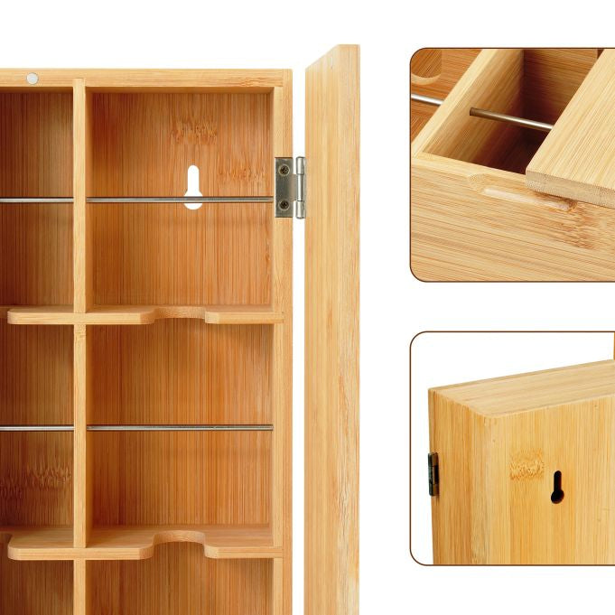 Relaxdays Teebeutelbox Bambus/Edelstahl, 9 Fächer, 26,5 × 7 × 31 cm, Hellbraun
