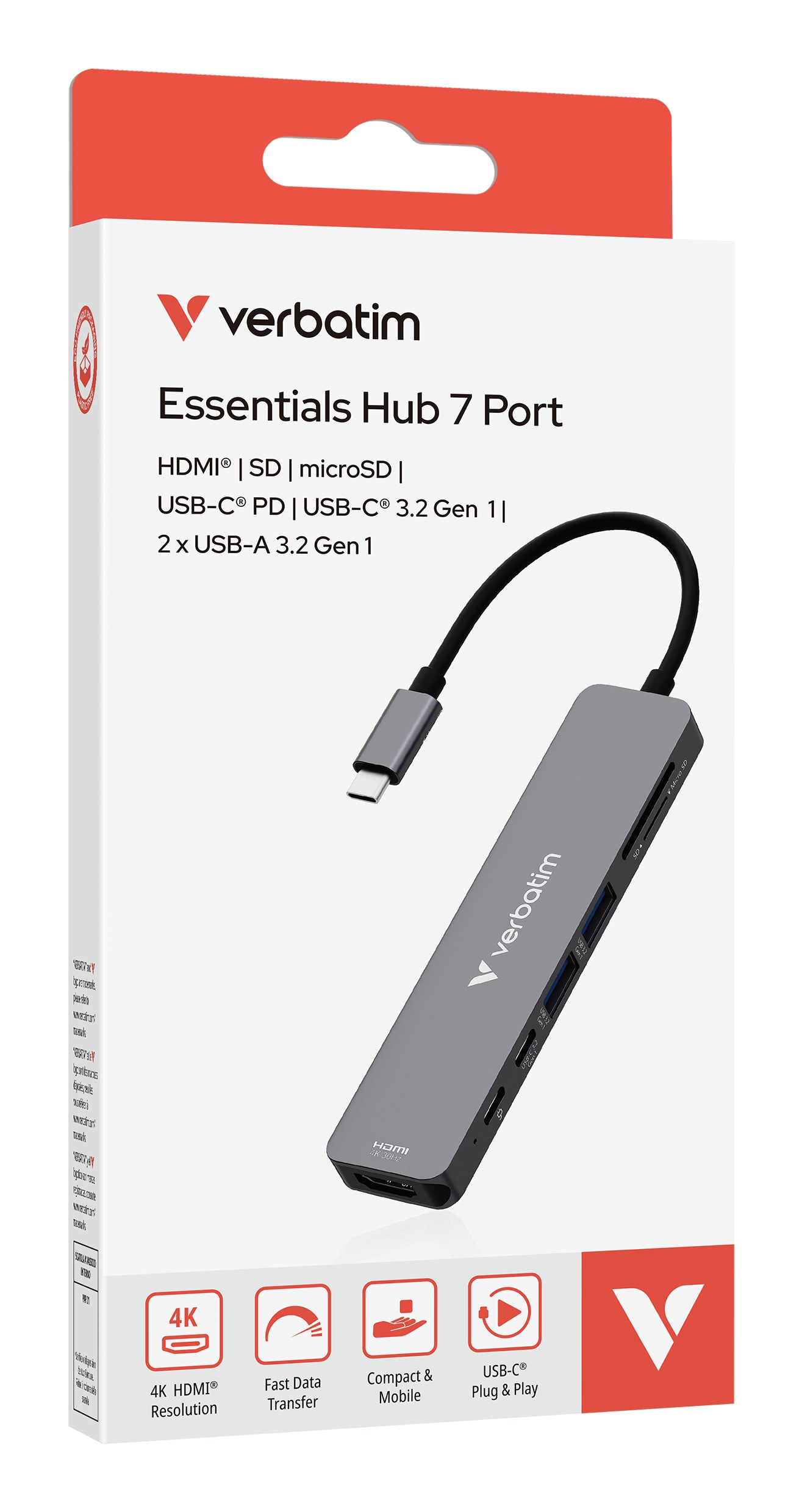 Verbatim 32158 USB-Hub – USB-C, 1× HDMI, 2× USB-A, 1× USB-C, 100 W PD, SD/microSD, für Windows/Mac/Linux