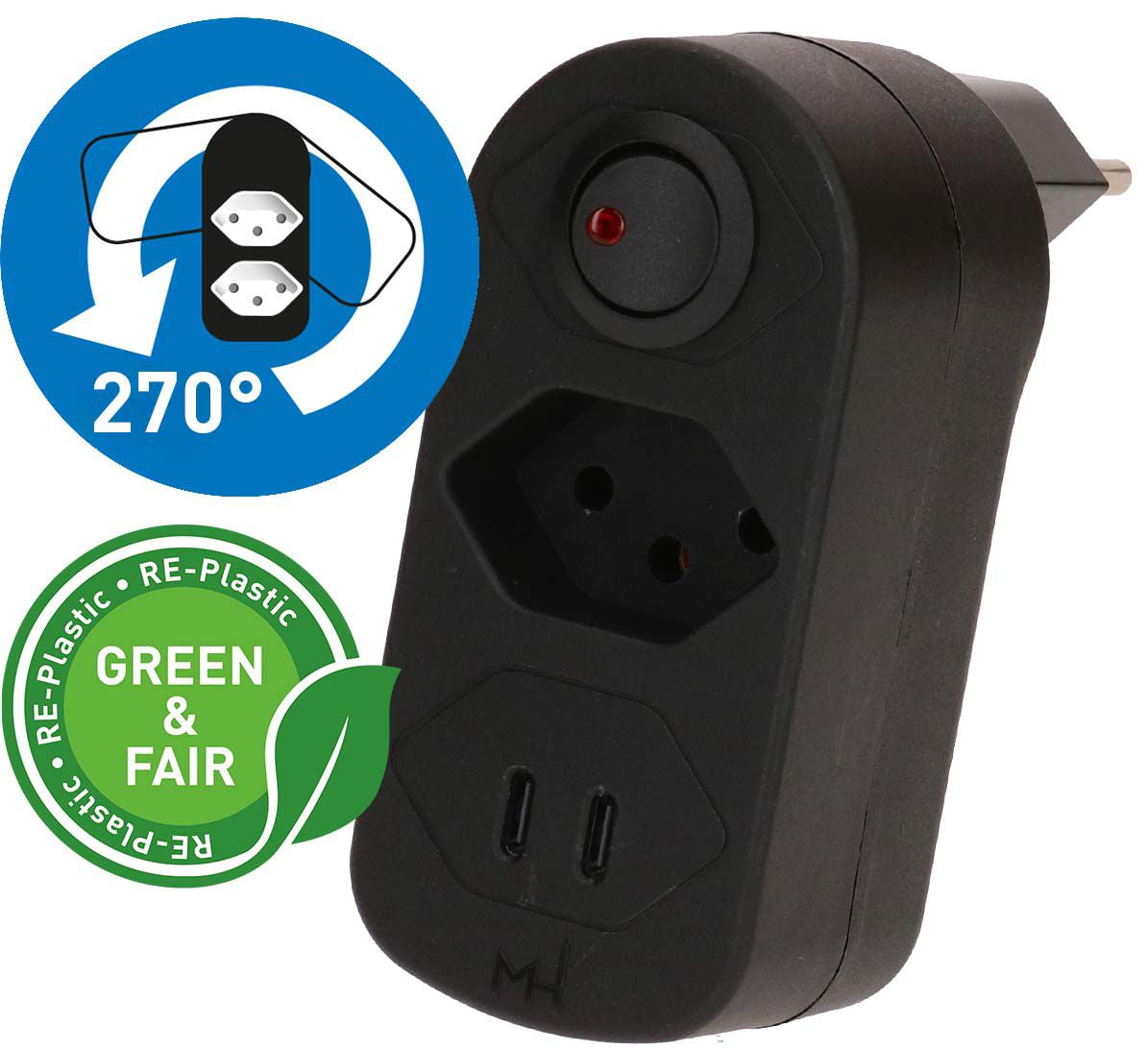 Max Hauri AG Max Hauri ADAPT Abzweigstecker 1×T13 – USB‑C×2, PD 20 W – T12 Eingangsstecker (abgewinkelt) – schwarz