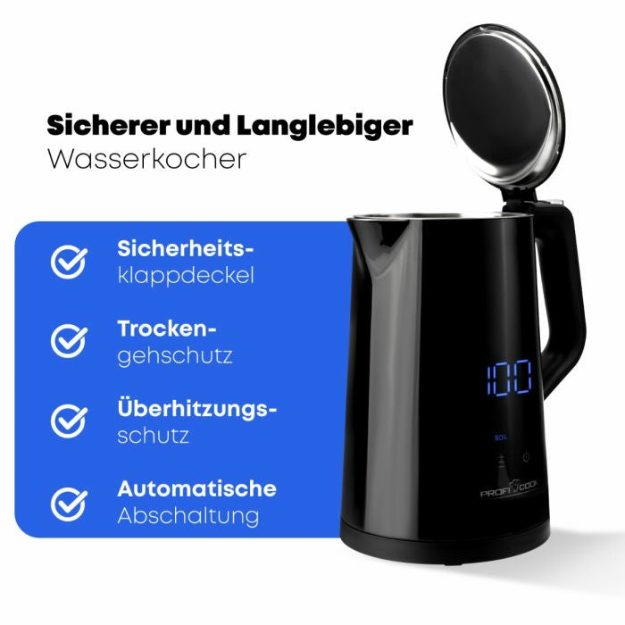 ProfiCook Wasserkocher – 1,7 l, mit Temperaturwahl, Warmhaltefunktion, Edelstahl, schwarz, PC-WKS 1243