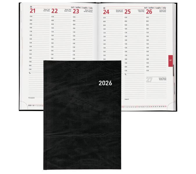 Biella Registra 7 Geschäftsagenda – 1 Woche/2 Seiten, gebunden, 17,2 × 24,0 cm, 2026, schwarz, FSC