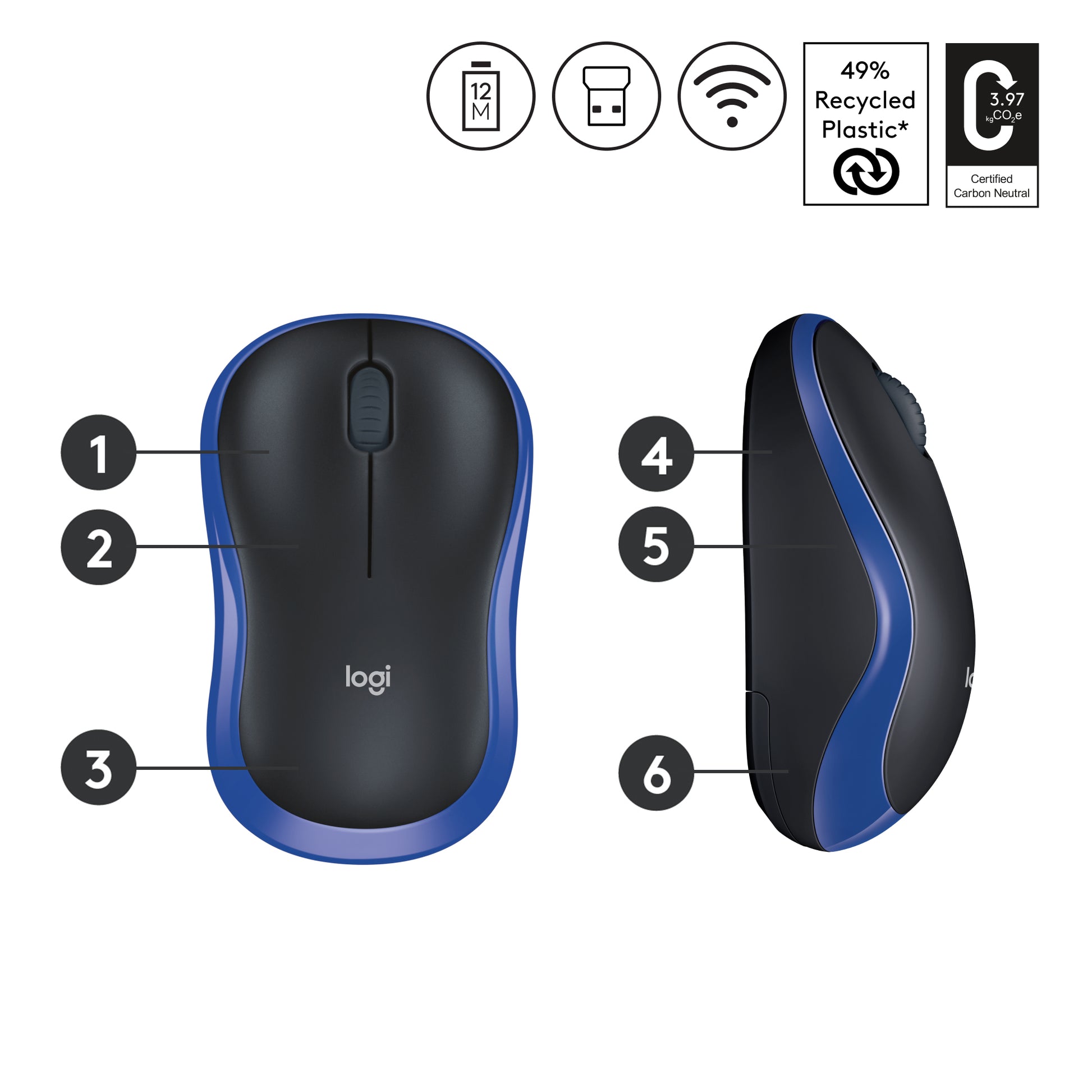 Logitech M185 Mobile Maus – kabellos, schwarz/blau
