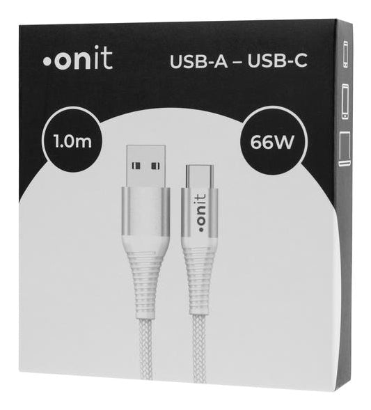 ONIT USB-Kabel – USB-A auf USB-C – USB 2.0 (480 Mbit/s) – 1 m – PD 66 W – Textilmantel, Nylon – Weiss