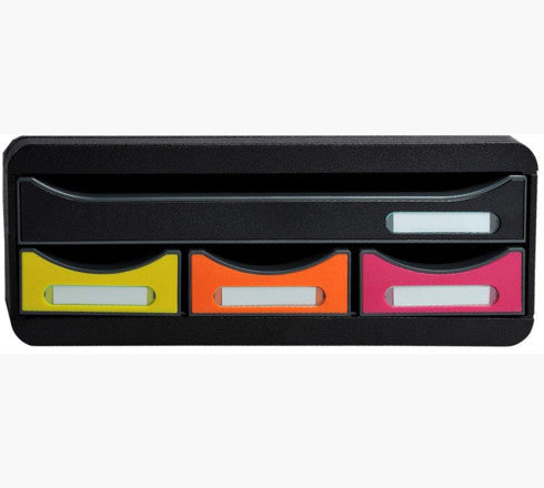 Exacompta Toolbox Mini Schubladenelement – 4 Schubladen, für A4, Schwarz/Mehrfarbig, B 355 × H 134 × T 270 mm