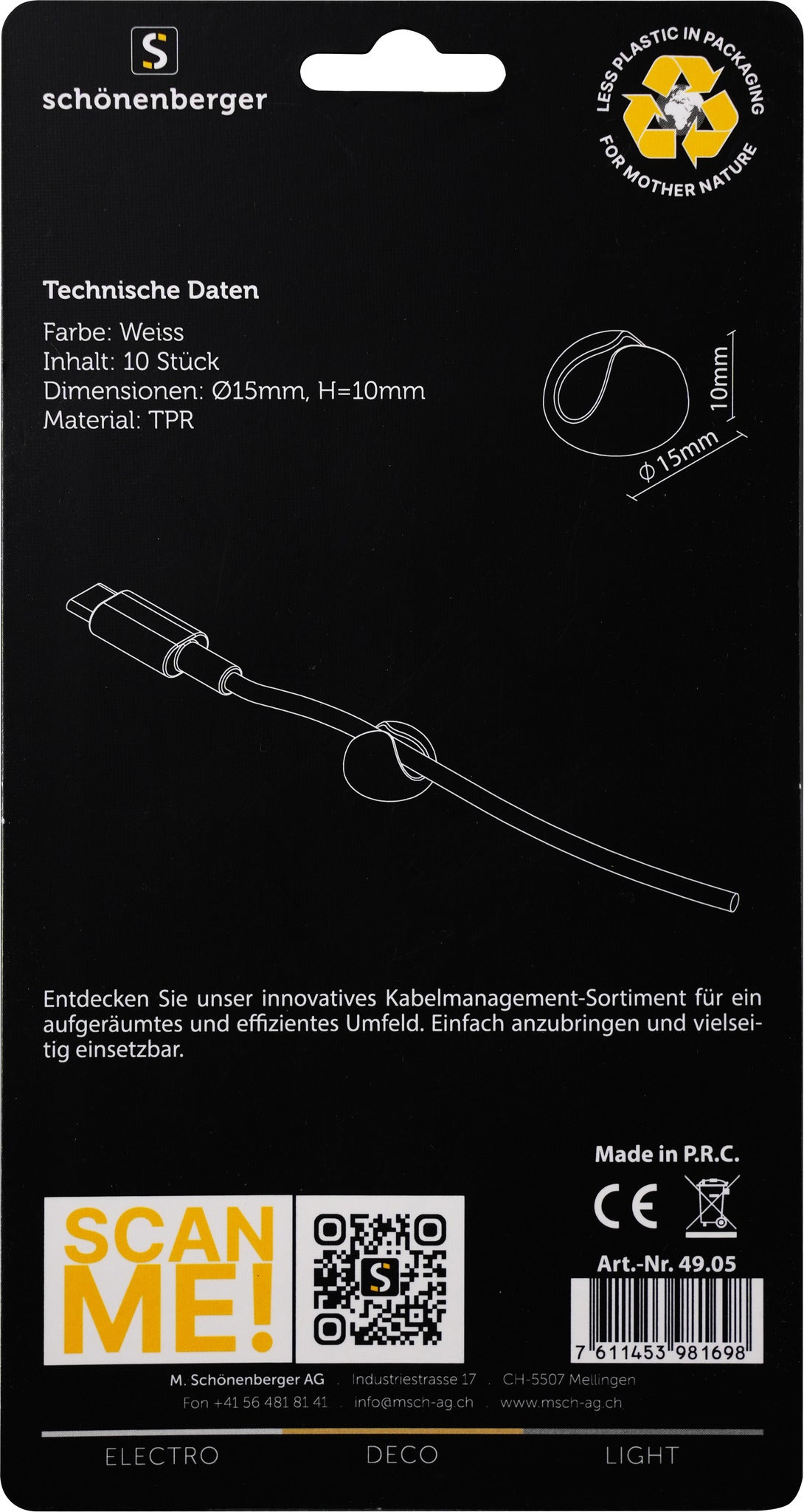 M. Schönenberger Kabelhalter, Ø 15 mm × 10 mm, Befestigungslöcher, 10er-Pack – Weiss
