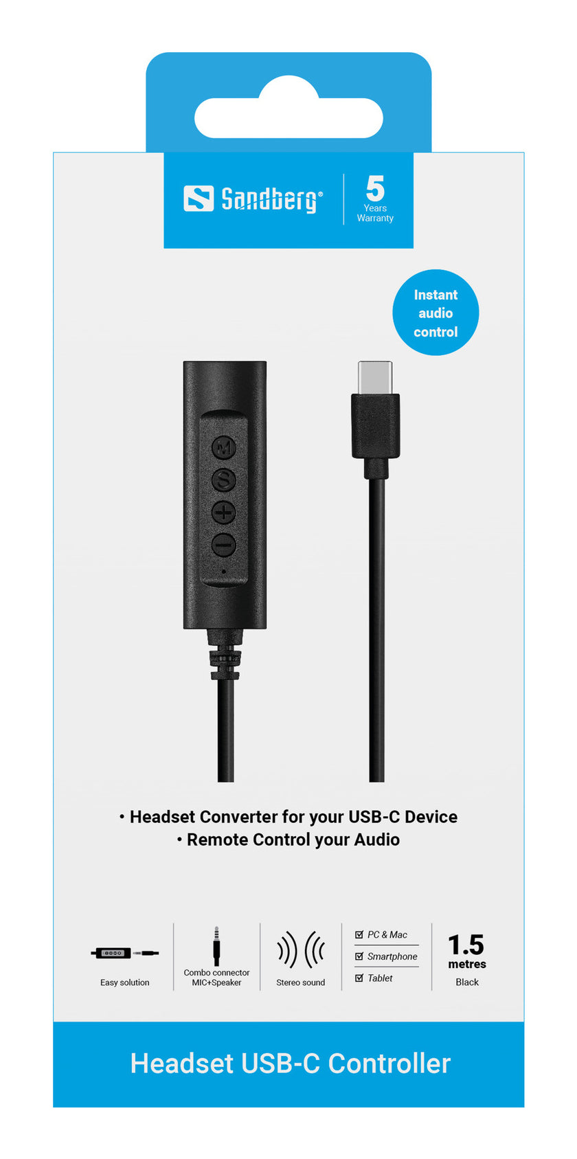 Sandberg 136-73 – Steueradapter – USB-C, 3,5 mm – 1,5 m – Schwarz