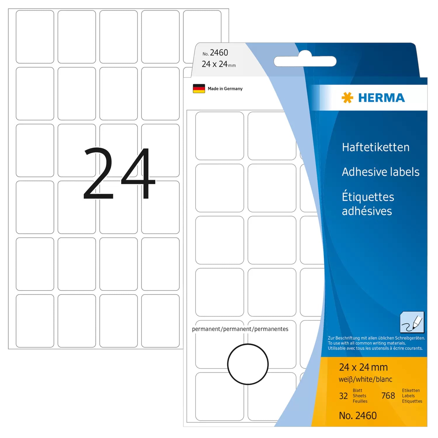 HERMA Schuletiketten – 24 × 24 mm, Abgerundete Ecken, 768 Stk, 32 Bogen, Papier, Permanent Haftend