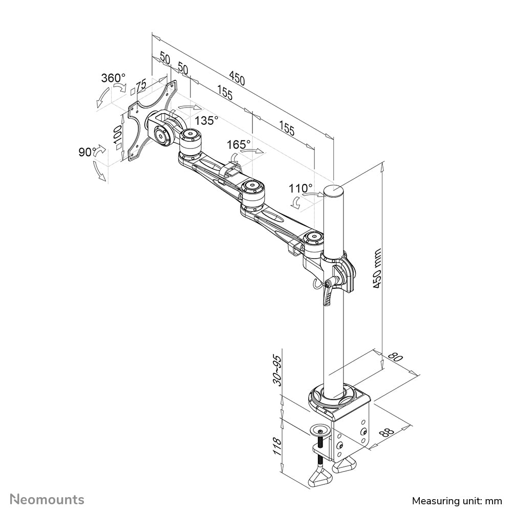 Neomounts FPMA-D935 – Monitorarm, Tischklemme, bis 30", VESA 75 × 75/100 × 100 mm, 10 kg, schwarz