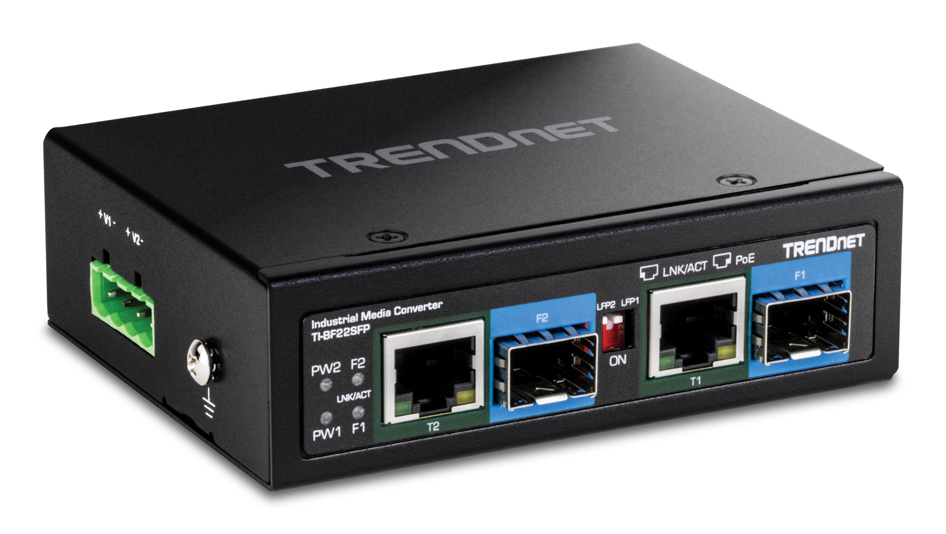 TRENDnet TI-BF22SFP – Medienkonverter – 2×SFP, 2×GbE PoE++ 90 W, IP30, DIN-Schiene