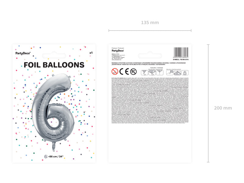 PartyDeco Folienballon Zahl 6 – Silber – 86 cm – Folie – 1 Stk