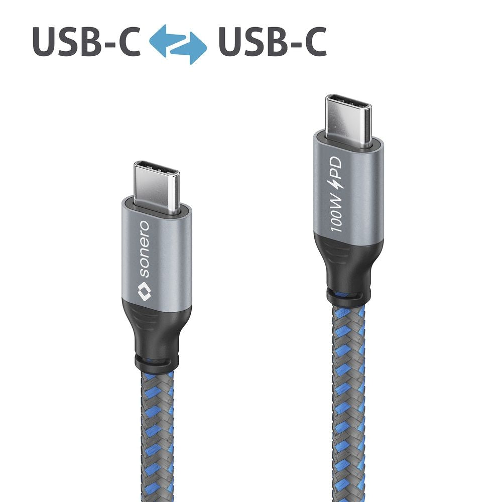 Sonero – USB-C auf USB-C Kabel – USB 2.0 (480 Mbit/s) – 1,5 m – PD 100 W – Textilmantel – Grau/Blau