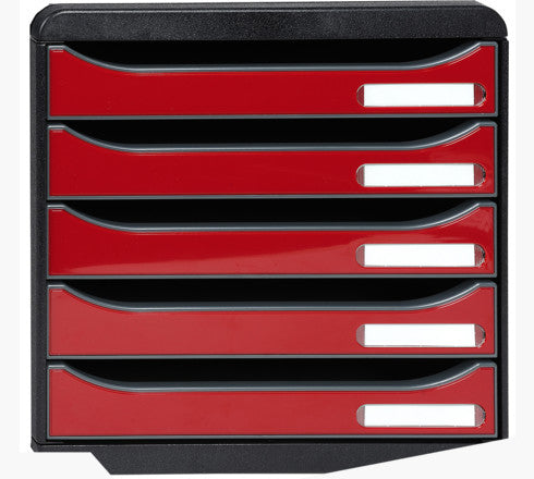 Exacompta Big-Box Plus Schubladenelement – 5 Schubladen, für A4+, schwarz/karminrot, B 347 × H 271 × T 278 mm