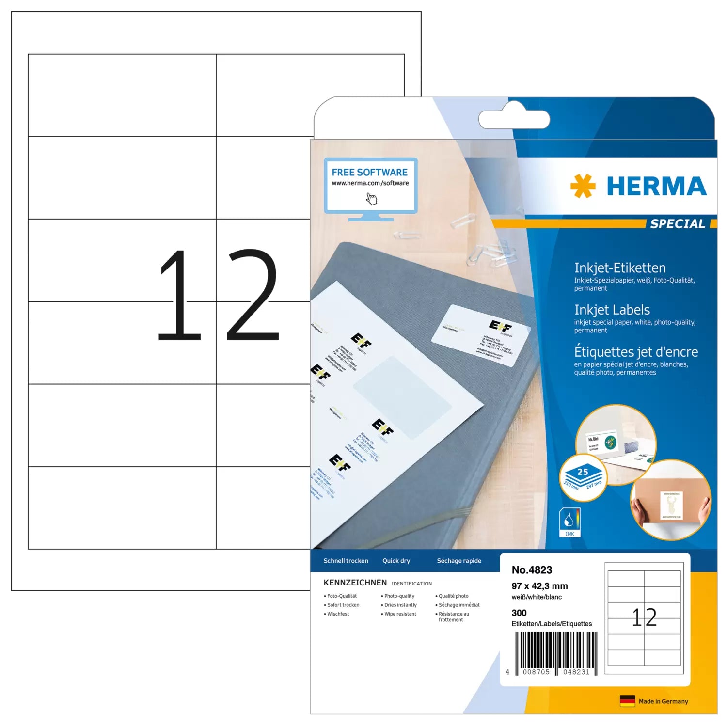 HERMA Druckeretiketten, 97 mm × 42 mm, weiss, Papier, permanent, 300 Etiketten (25 Blatt)