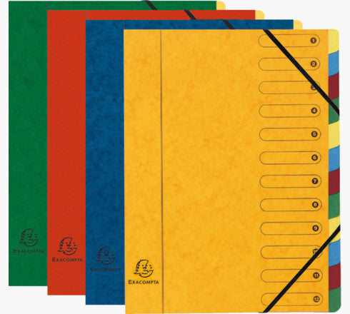 Exacompta Fächermappe Harmonika für A4 – 12 Fächer, Gummiband, Karton, mehrfarbig, bis 200 Blatt pro Fach