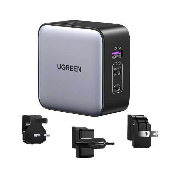 Ugreen 90409 USB-Wandladegerät 65 W – USB-C×2, USB-A×1 – GaN, EU/UK/US-Stecker – Grau