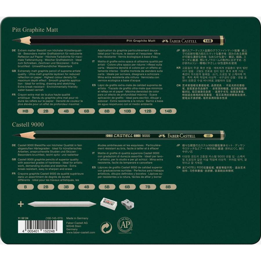 Faber-Castell Pitt Graphite Matt & Castell 9000 Graphit-Set, 14B–B, Metalletui – 20-teilig