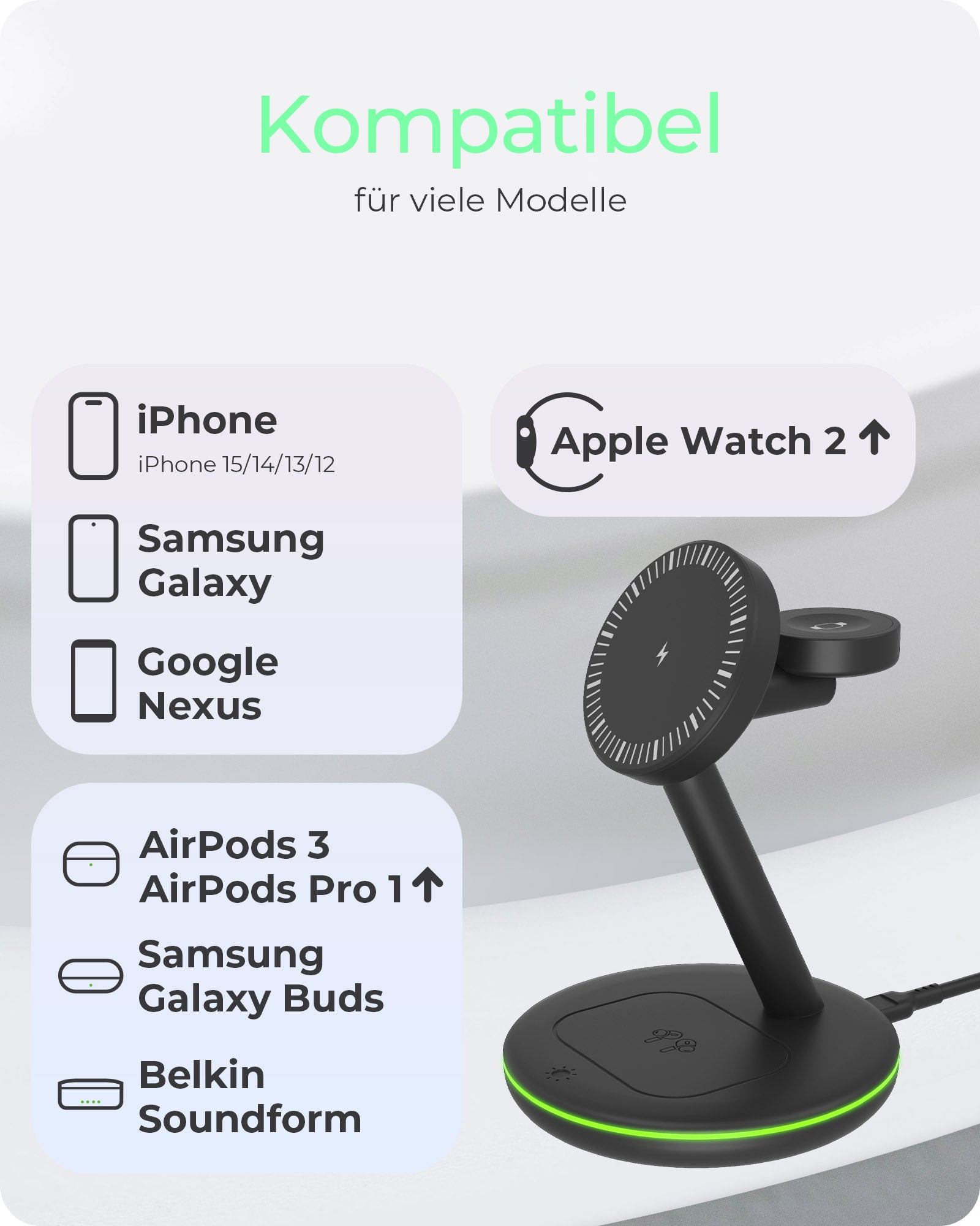ICY BOX IBSH102CH 3-in-1 Kabelloses Ladegerät 10 W – Qi – für iPhone, Apple Watch, AirPods