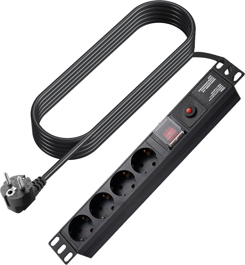 Vision Steckdosenleiste – 4× Schuko (Typ F), 1,8 m, mit Schalter, Überlastschutz, Schwarz