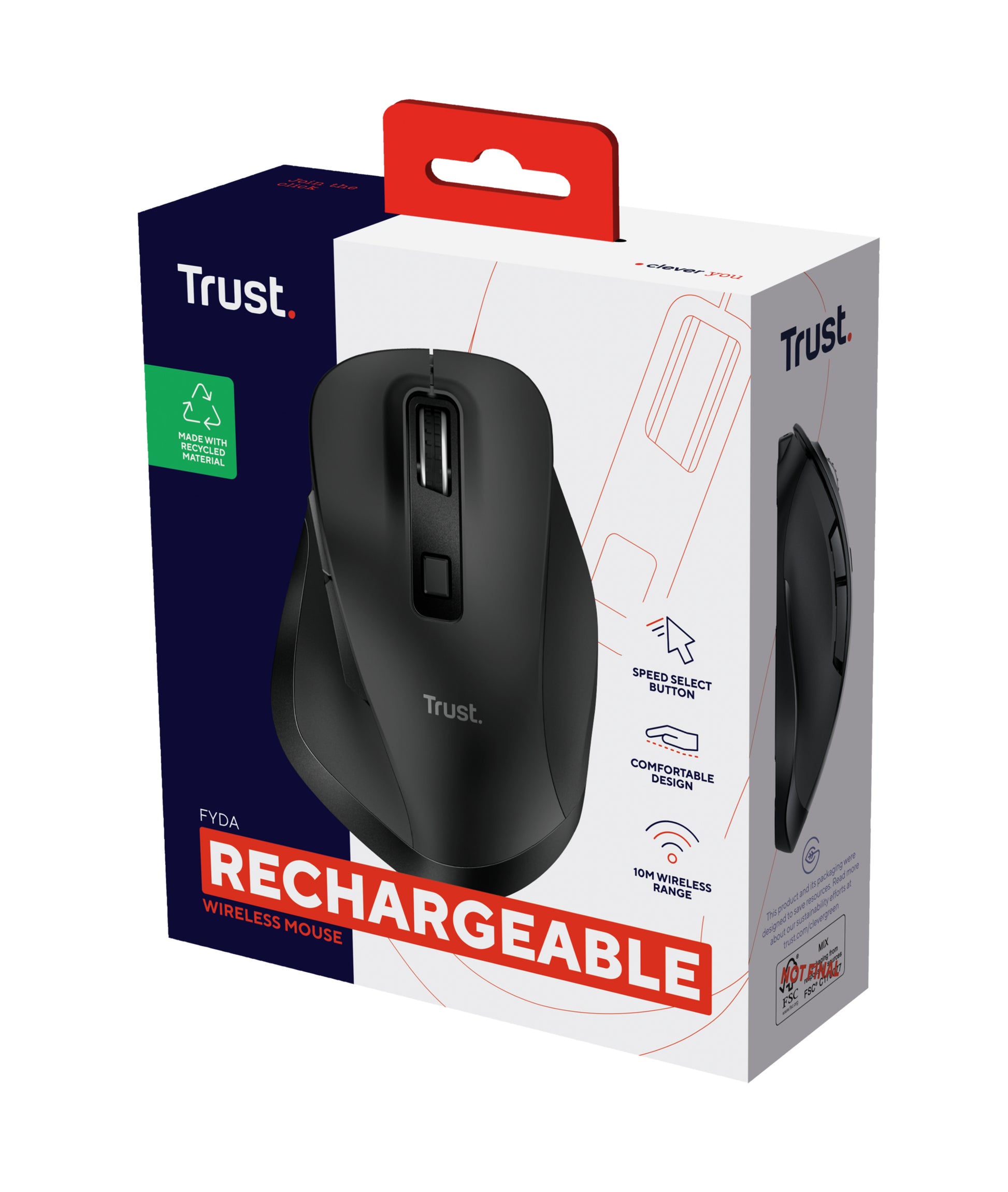 Trust Fyda Eco – Maus – Kabellos (2,4 GHz), 2400 DPI, rechts, Schwarz