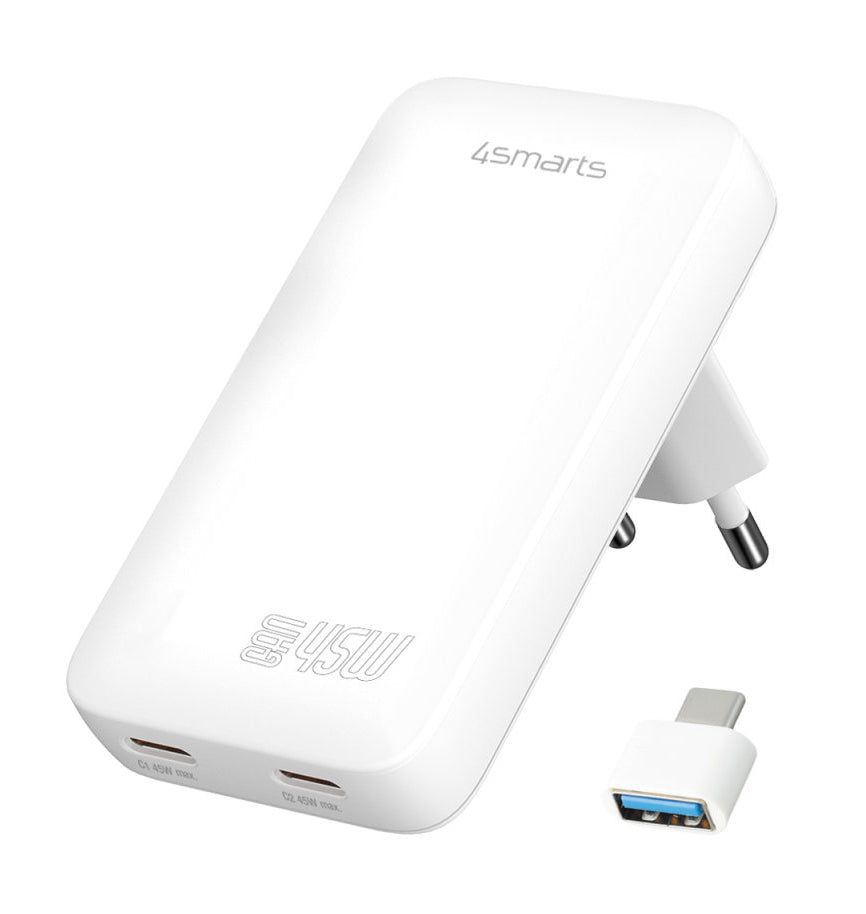 4smarts FlatPlug Slim Dual USB-Ladegerät 45 W – USB-C×2 – GaN – für Nintendo Switch, Laptop und mehr