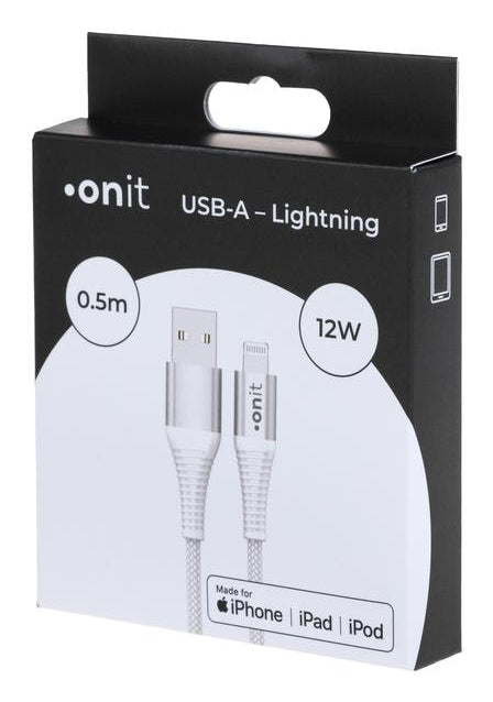 ONIT USB-A auf Lightning Kabel – USB 2.0 (480 Mbit/s) – 0,5 m – PD 12 W – MFI zertifiziert, Nylon – Weiss