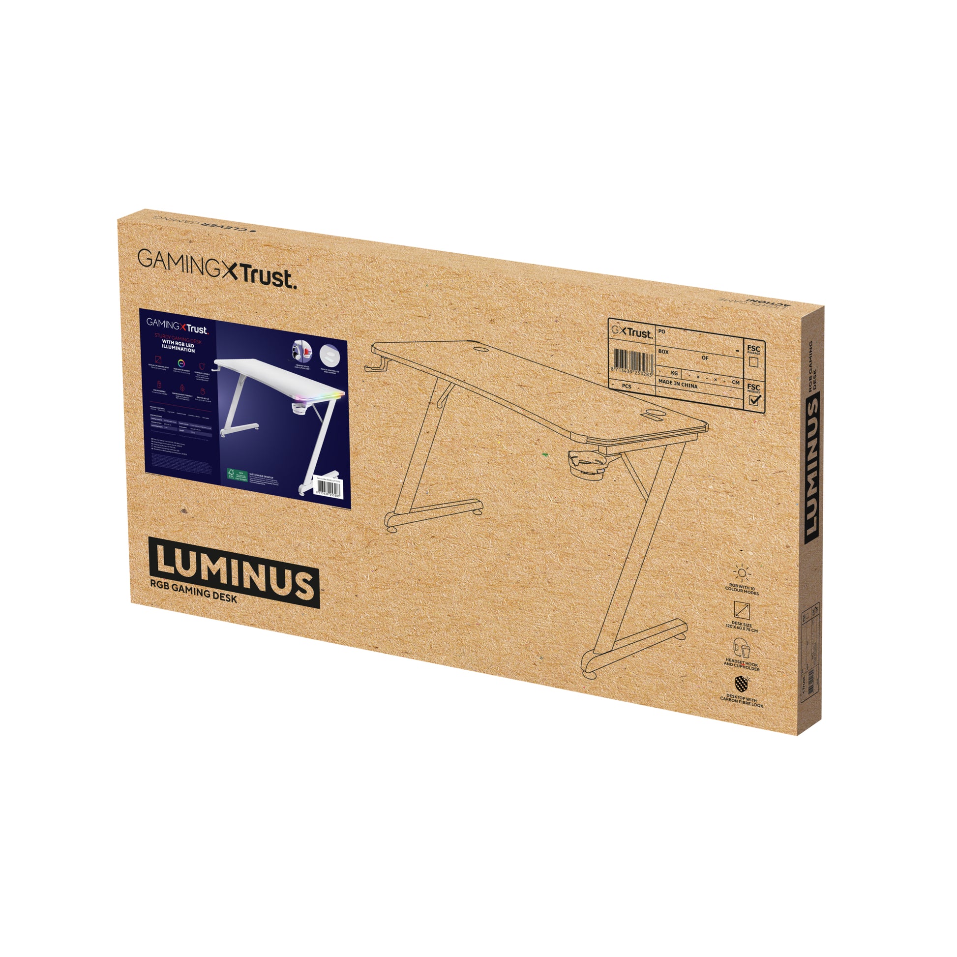 Trust GXT709W Luminus – Rollbarer Computertisch, 1'200×600×740 mm, RGB-LED-Beleuchtung, bis 150 kg, Weiss