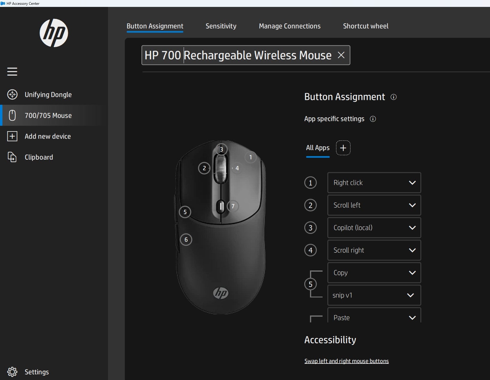 HP 700 Wiederaufladbare Wireless-Maus – Kabellos (Bluetooth/2,4 GHz), 6000 DPI, Beidhändig, Schwarz