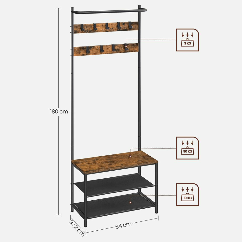 Vasagle Garderobe mit Schuhregal – 9 Haken, Stahl/Spanplatte, Schwarz/Braun, 64 × 32,2 × 180 cm