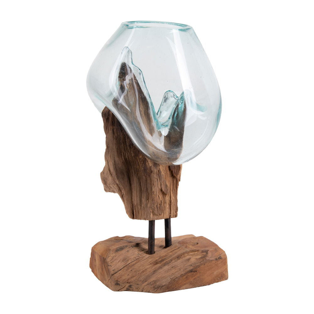 House Nordic Schale – mit Kunstpflanzen – Glas & Stahl & Teak, natur – 18 × 15 × 25 cm