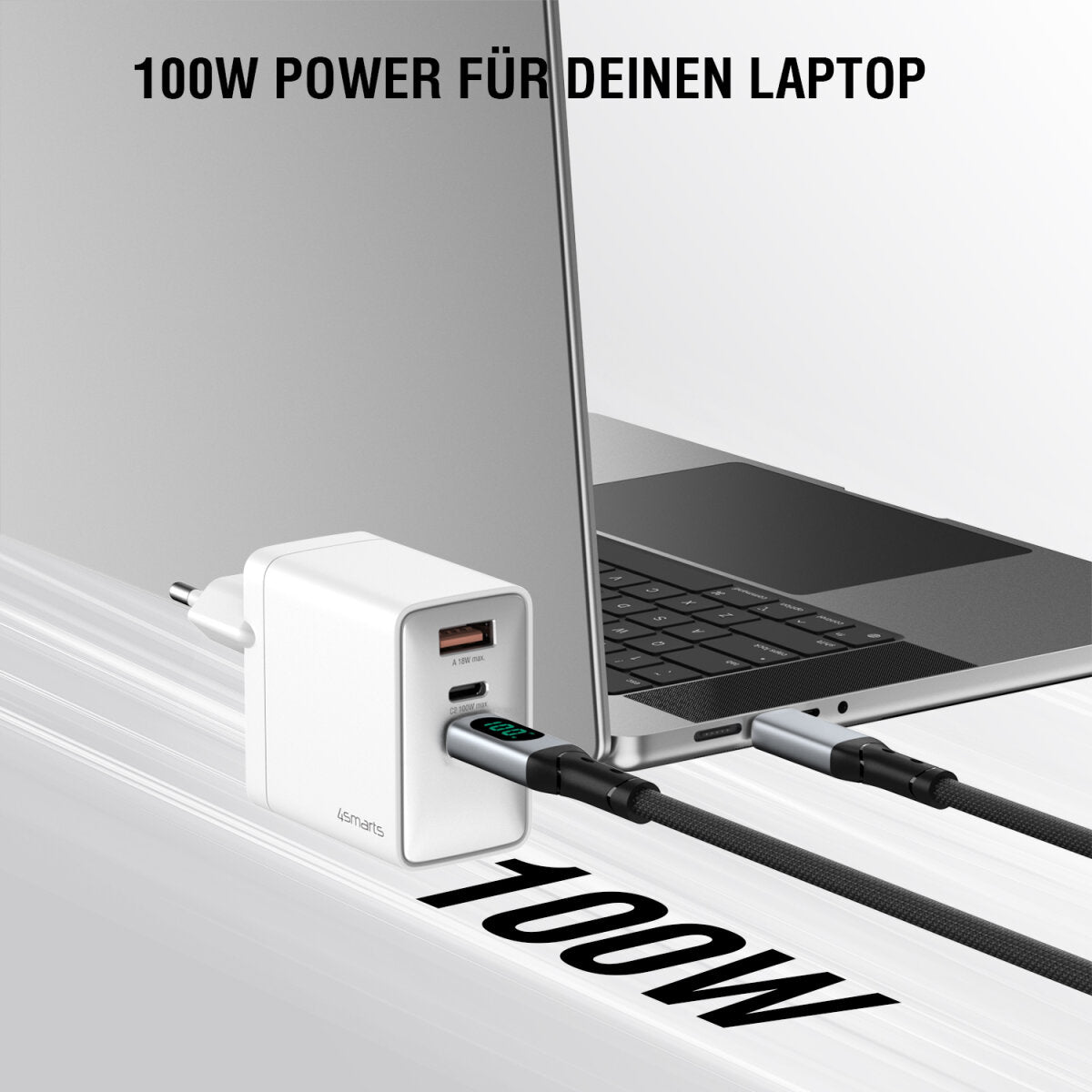 4smarts GaN Pocket Netzladegerät – 100 W, 2× USB-C + 1× USB-A – für Laptop, Nintendo Switch, Smartphone