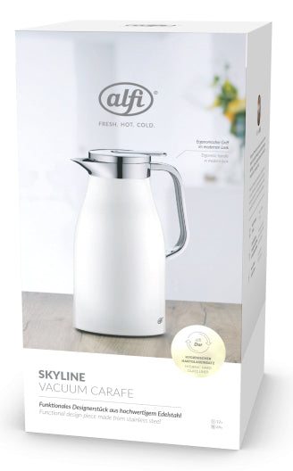 Alfi Thermoskanne Skyline – 1,5 l, H 30,5 cm, Edelstahl, Weiss matt, mit Deckel, Warmhaltezeit 12 h