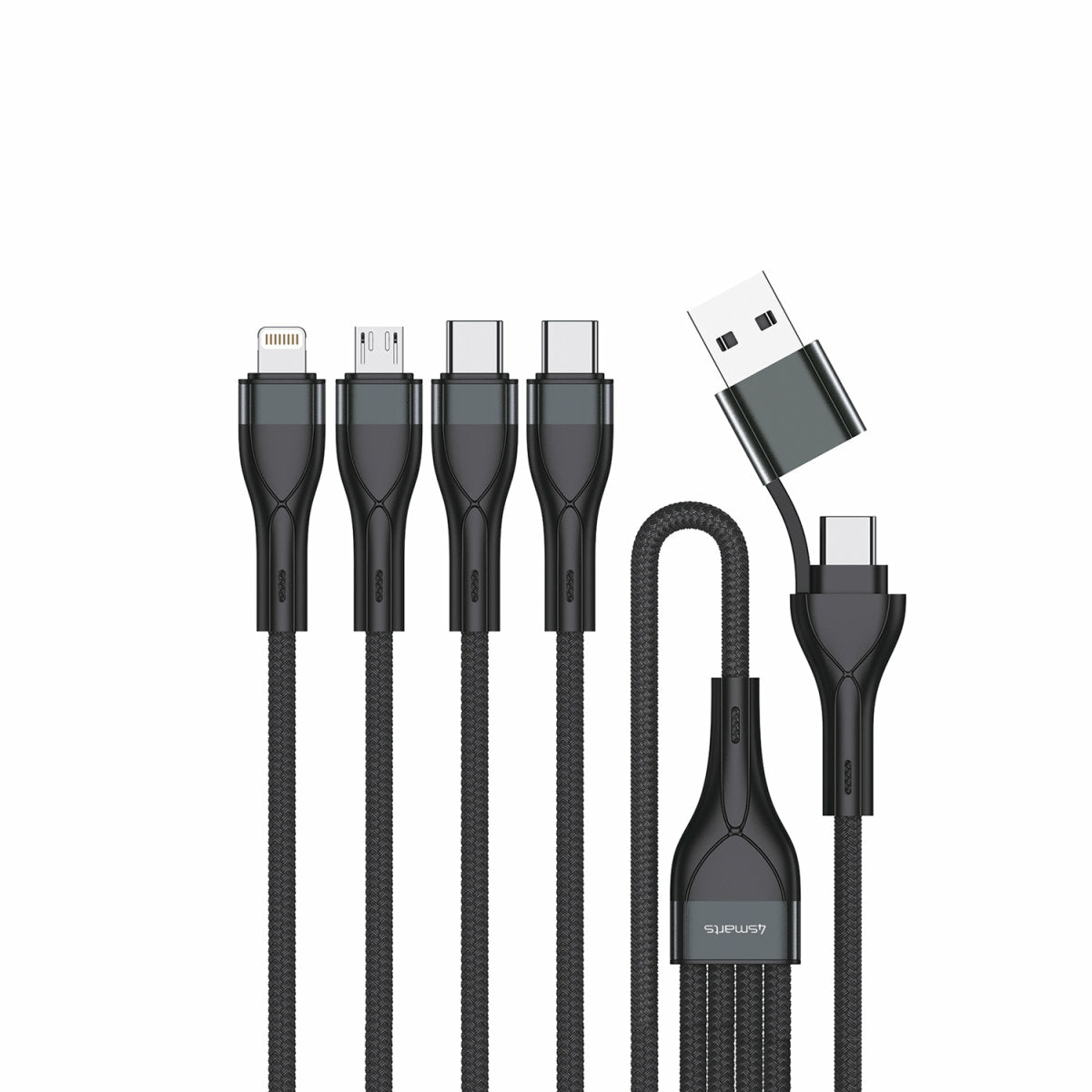 4smarts Multi-Kabel – 4-in-2 USB-A/USB-C auf USB-C/Micro-USB/Lightning 1,2 m, PD 15 W, geflochten