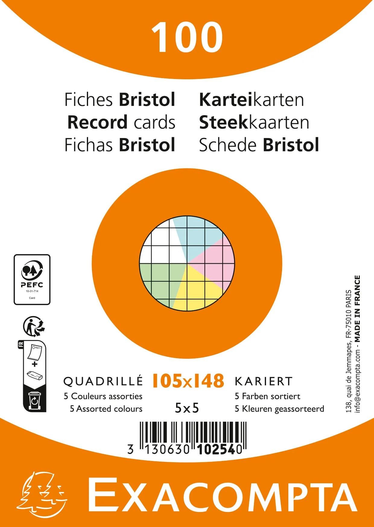 Exacompta Karteikarte A6 quer, kariert, mehrfarbig, 205 g/m², Karteikarton – 100 Stück
