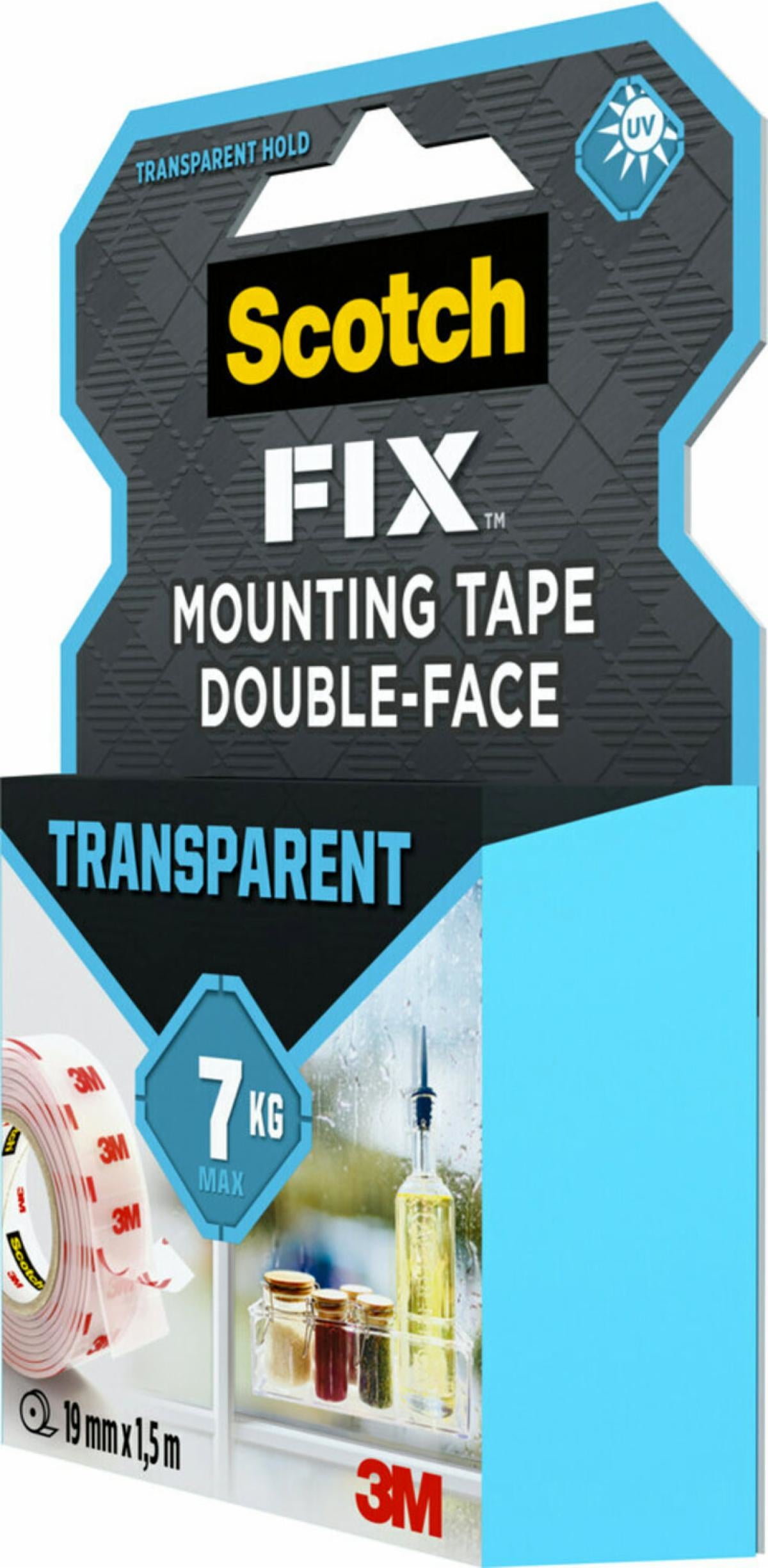 Scotch Montageband Fix, stark, für den Innenbereich, für glatte Oberflächen – 19 mm × 1,5 m, transparent, bis 1 kg/20 cm