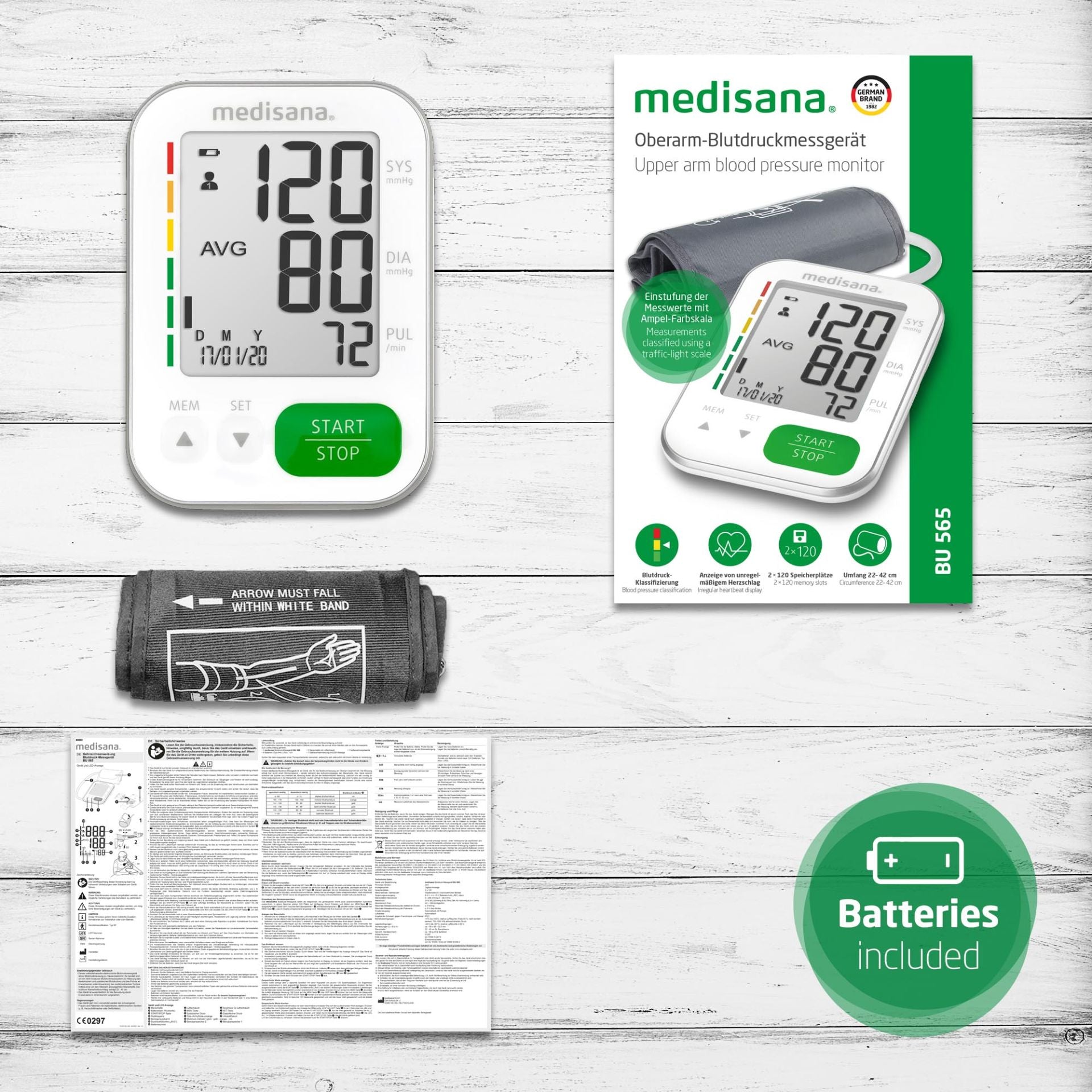 Medisana Blutdruckmessgerät BU565W – Oberarm, Umfang 22–42 cm, 240 Speicherplätze, 4 × AAA