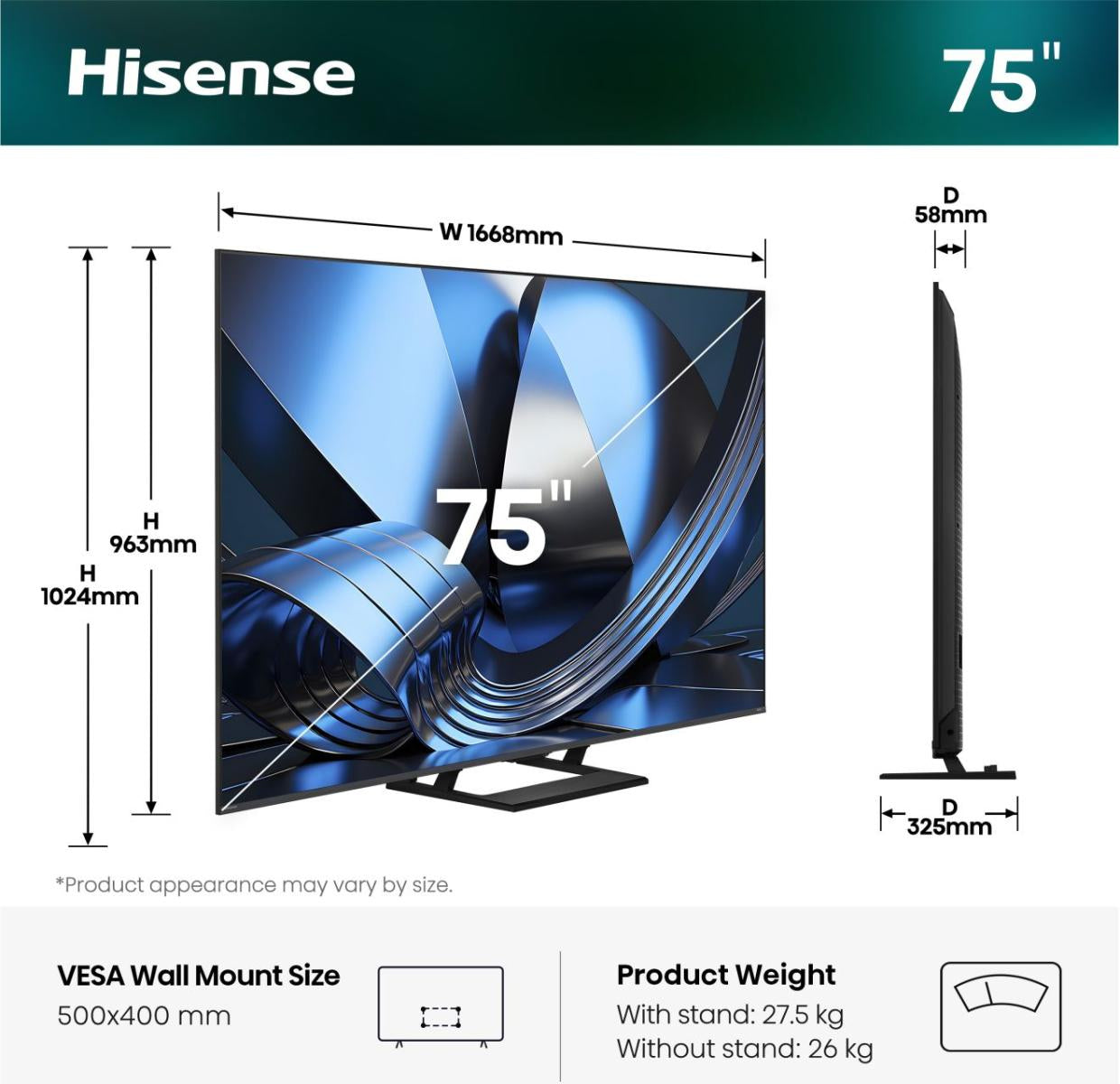Hisense 75U7DSE – 75" TV – 4K UHD – Mini-LED (ULED) – VIDAA – 144 Hz – 1400 cd/m² – Dolby Vision IQ
