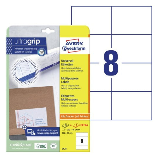 Avery 6138 – Etiketten A4 105 × 74 mm – Papier, weiss – Laser/Inkjet – 8 pro Blatt, 30 Blätter