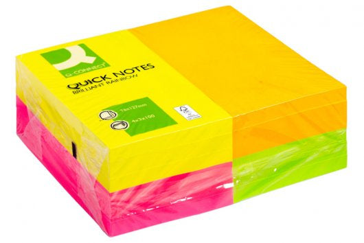 Q-Connect Haftnotizen Quick Notes – 127×76 mm – sortiert, 12×100 Blatt, FSC