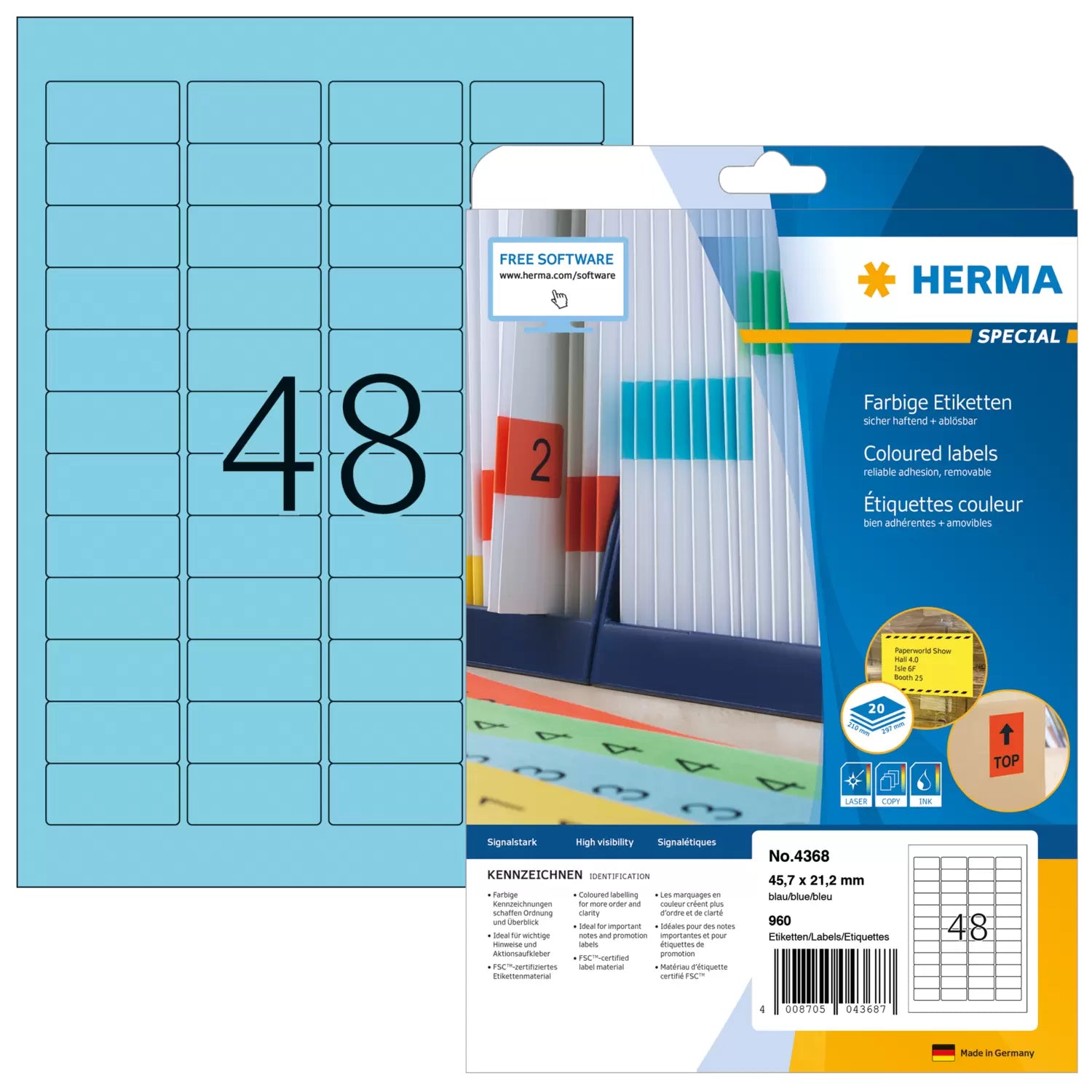 HERMA Etiketten, 46 mm × 21 mm, blau, Papier, wiederablösbar, 20 Blatt (960 Etiketten)