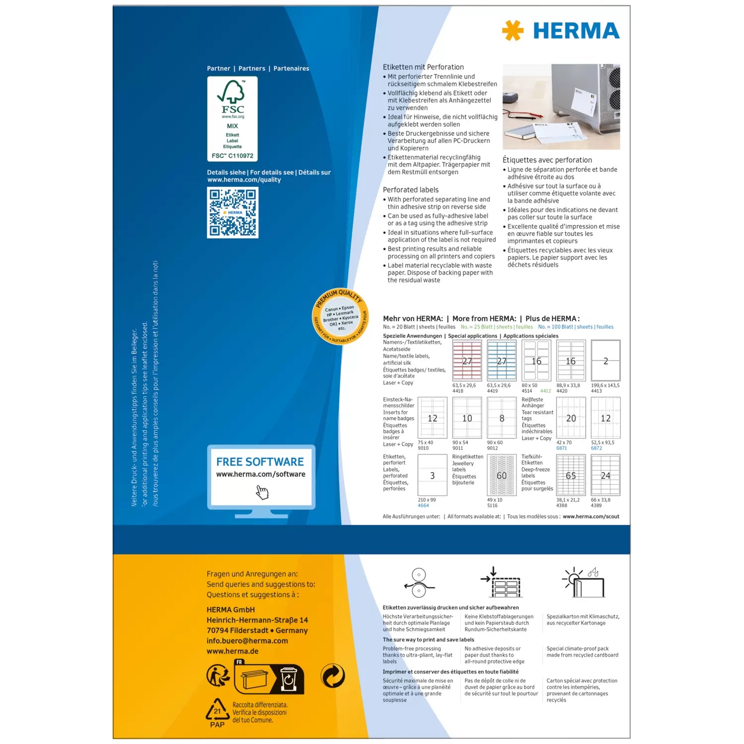 HERMA Drucketiketten, 210 mm × 99 mm, weiss, Papier, permanent, 300 Etiketten (100 Blatt)