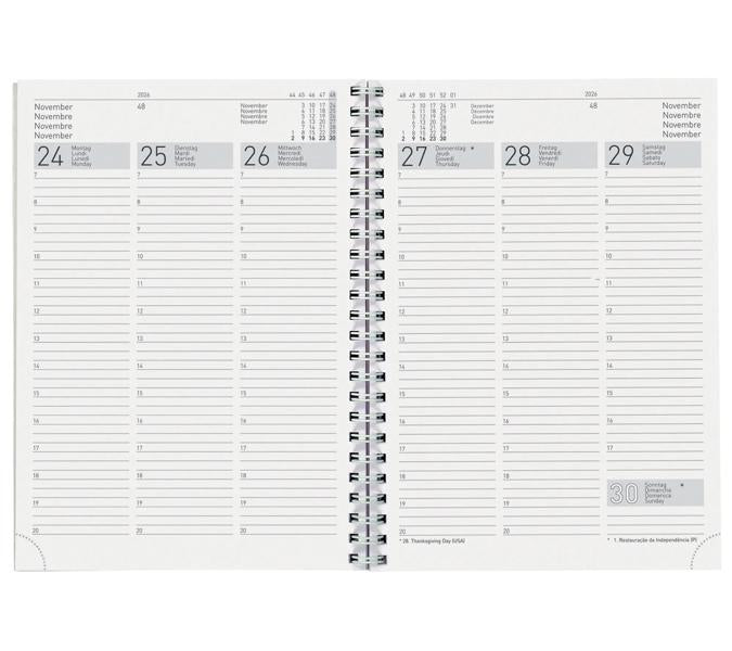 Biella Terminia Agenda – 1 Woche/2 Seiten, Wire-O, 14,5 × 20,5 cm, 2026, mehrsprachig, grau, FSC
