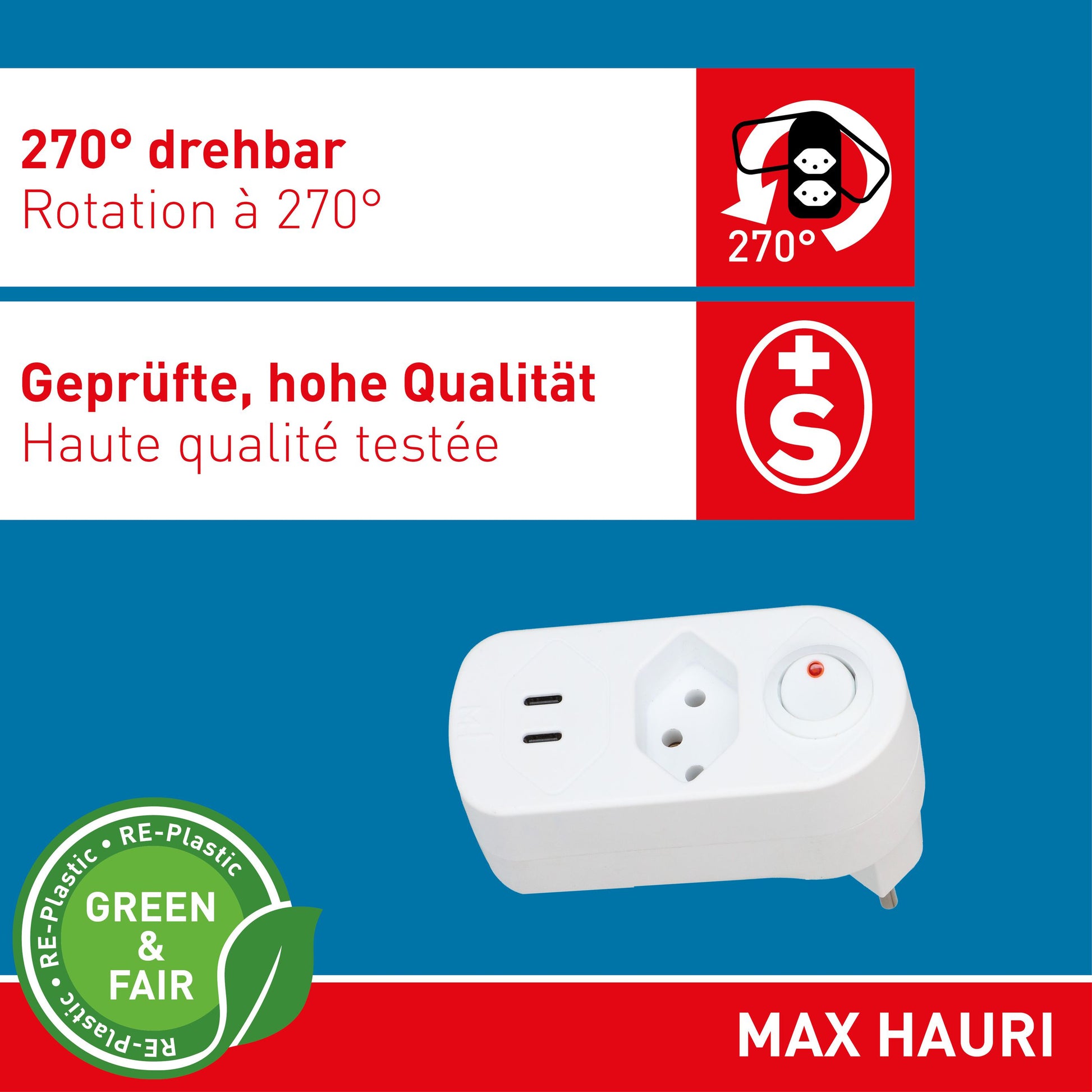 Max Hauri AG Max Hauri ADAPT Steckdosenleiste 1×T13 – USB‑C×2, PD 20 W – max. 2300 W – weiss
