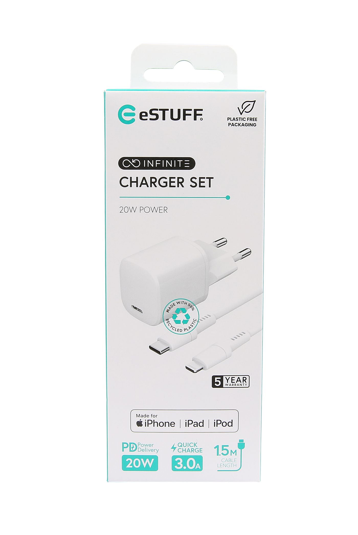 eSTUFF INFINITE Charger Kit USB-Wandladegerät 20 W – USB-C×1, USB-A×1 – PD – Weiss