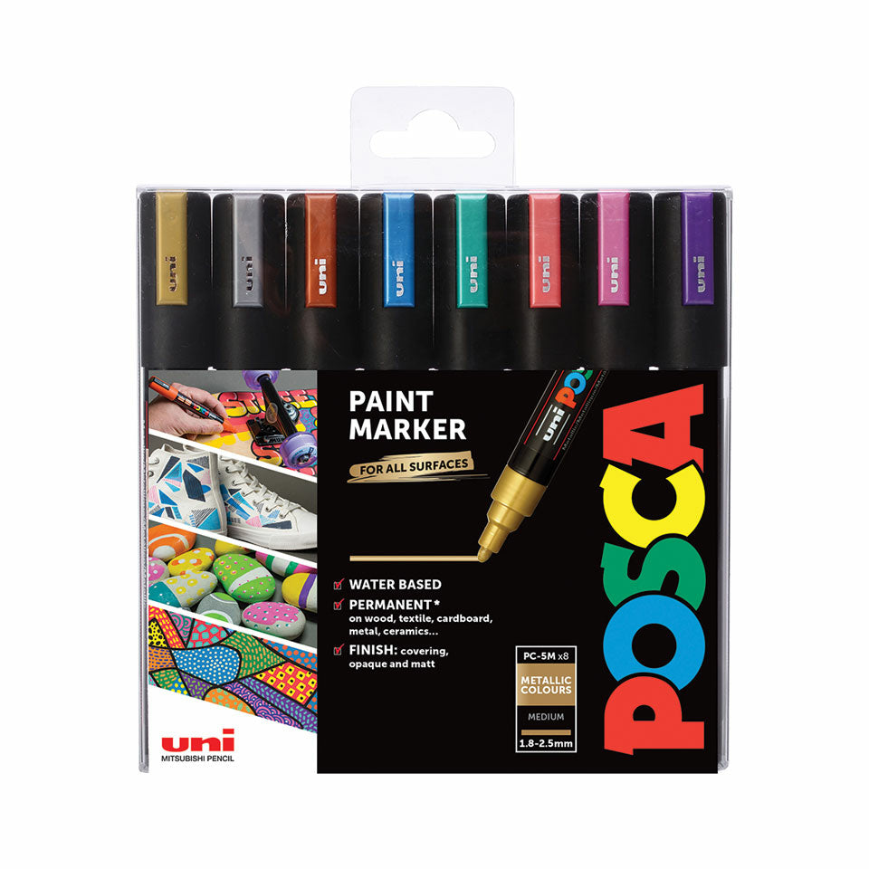 Uni-Ball POSCA PC-5M Paint Marker Metallic – Rundspitze 1,8–2,5 mm – Mehrfarbig – 8er-Set – für Karton, Keramik und Stoff