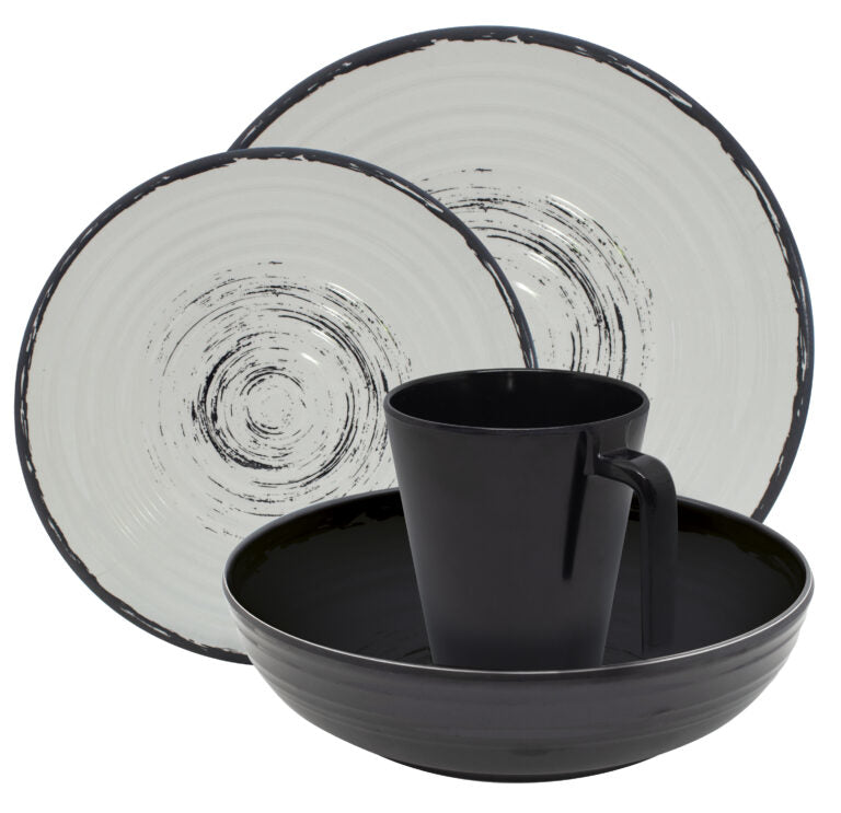 Eurotrail Isla Antirutsch Geschirrset – 16-teiliges Set, Ø 27 cm, Melamin, Schwarz/Natur