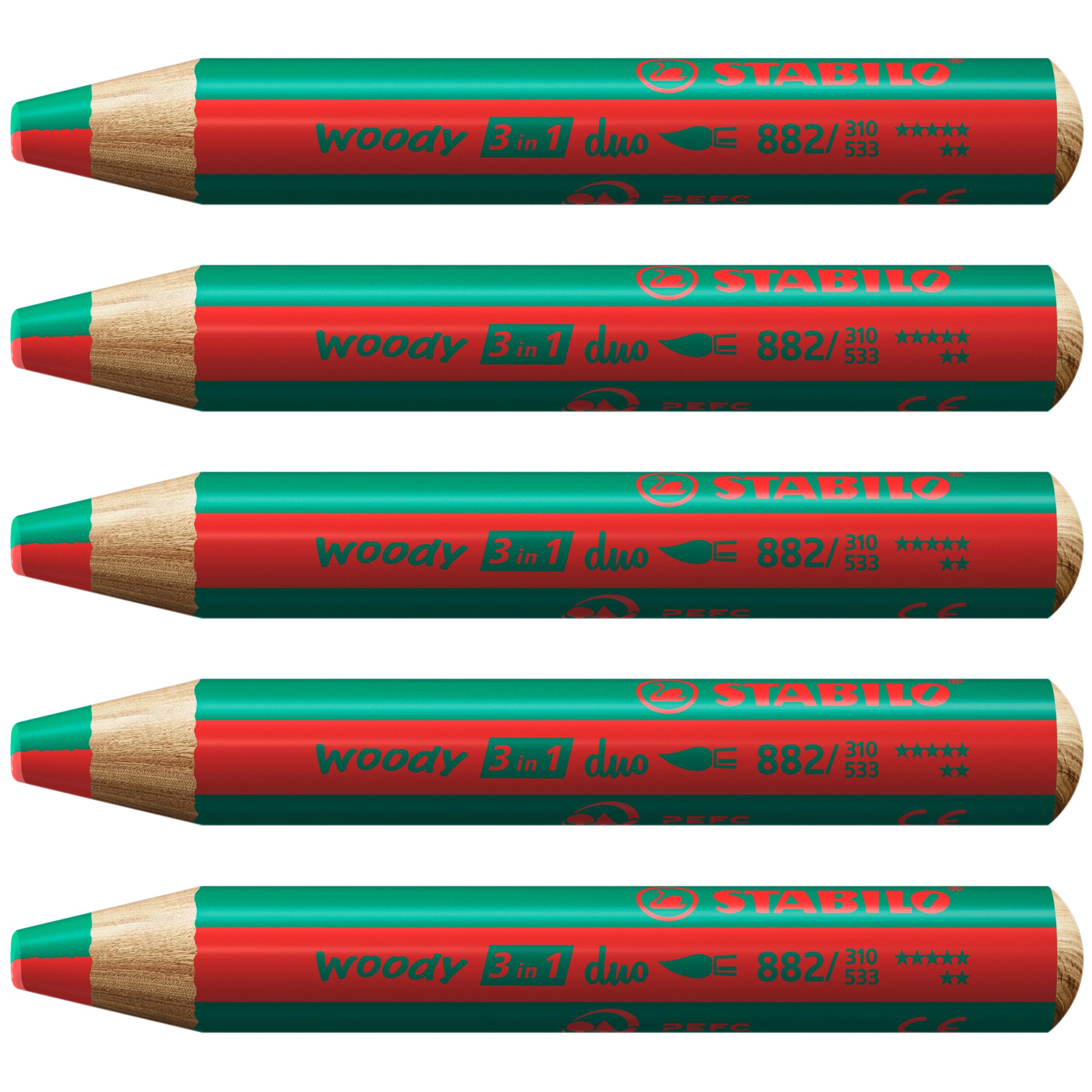 STABILO Buntstifte woody 3 in 1 Duo – 3-in-1, Minen-Ø 10 mm, 5 Stifte, mit Spitzer